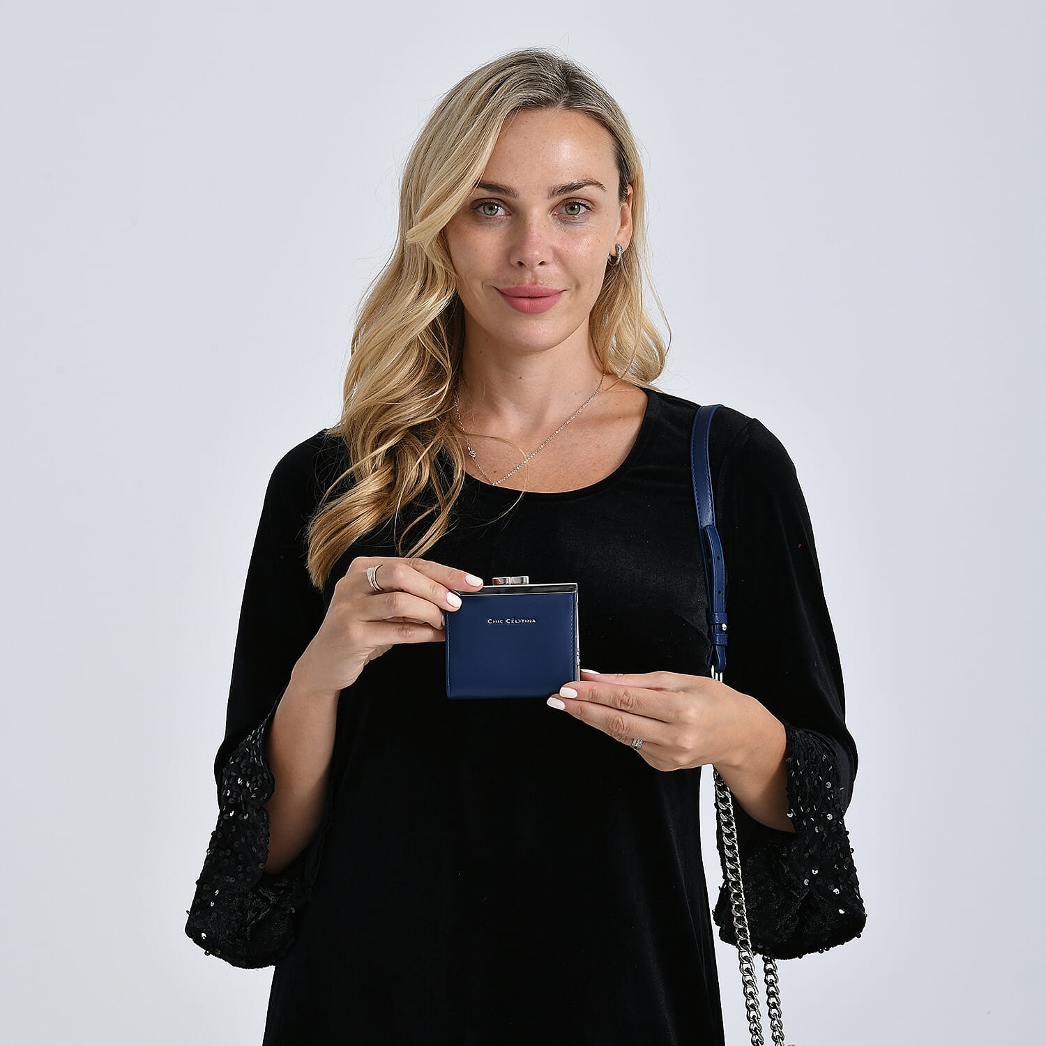 Set of 2 Structured Panel Bag with Silver Chain Strap & Matching Card Slot Purse - Blue