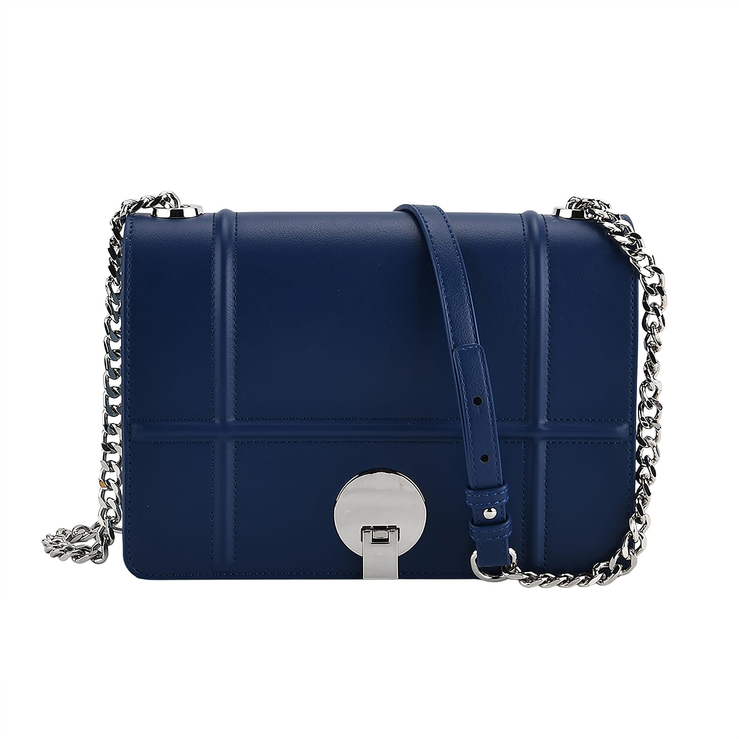 Set of 2 Structured Panel Bag with Silver Chain Strap & Matching Card Slot Purse - Blue