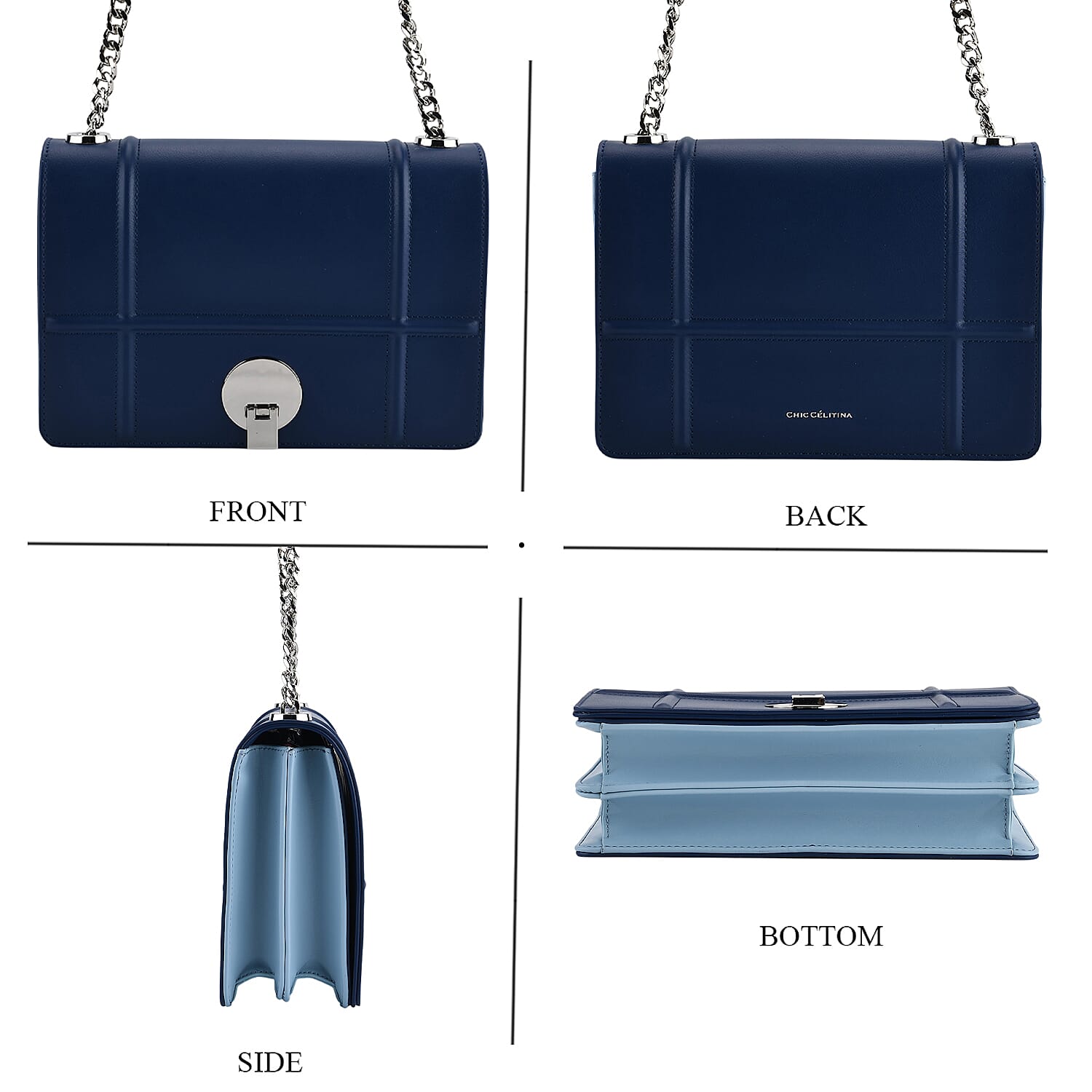 Set of 2 Structured Panel Bag with Silver Chain Strap & Matching Card Slot Purse - Blue