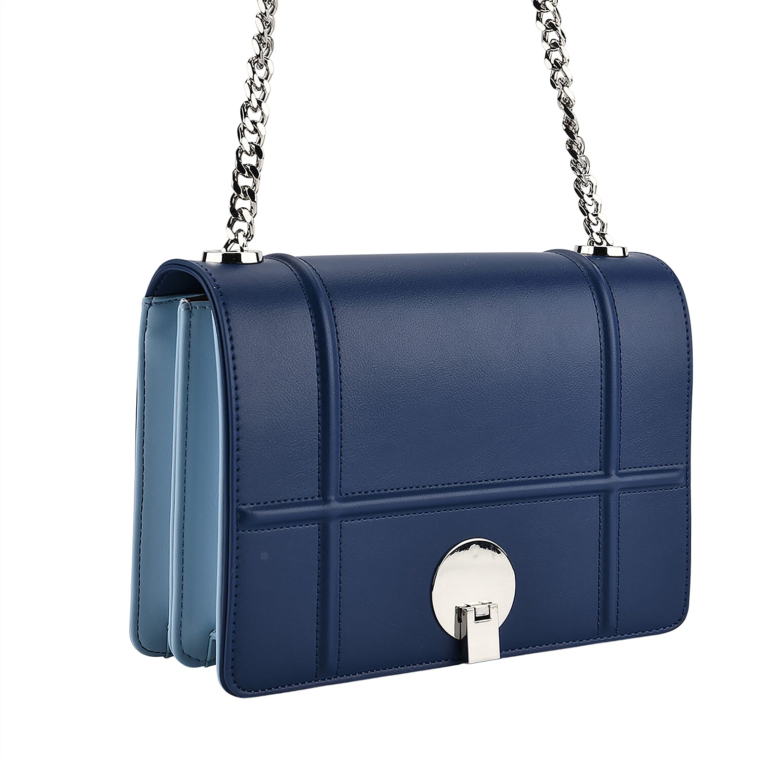 Set of 2 Structured Panel Bag with Silver Chain Strap & Matching Card Slot Purse - Blue