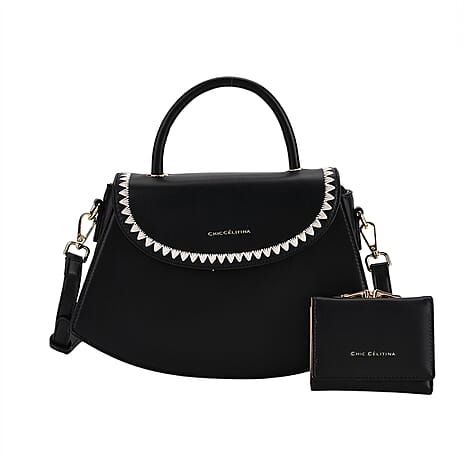 Set of 2 Pearl-Trim Crossbody Satchel Bag with Matching Card Slot Wallet - Black