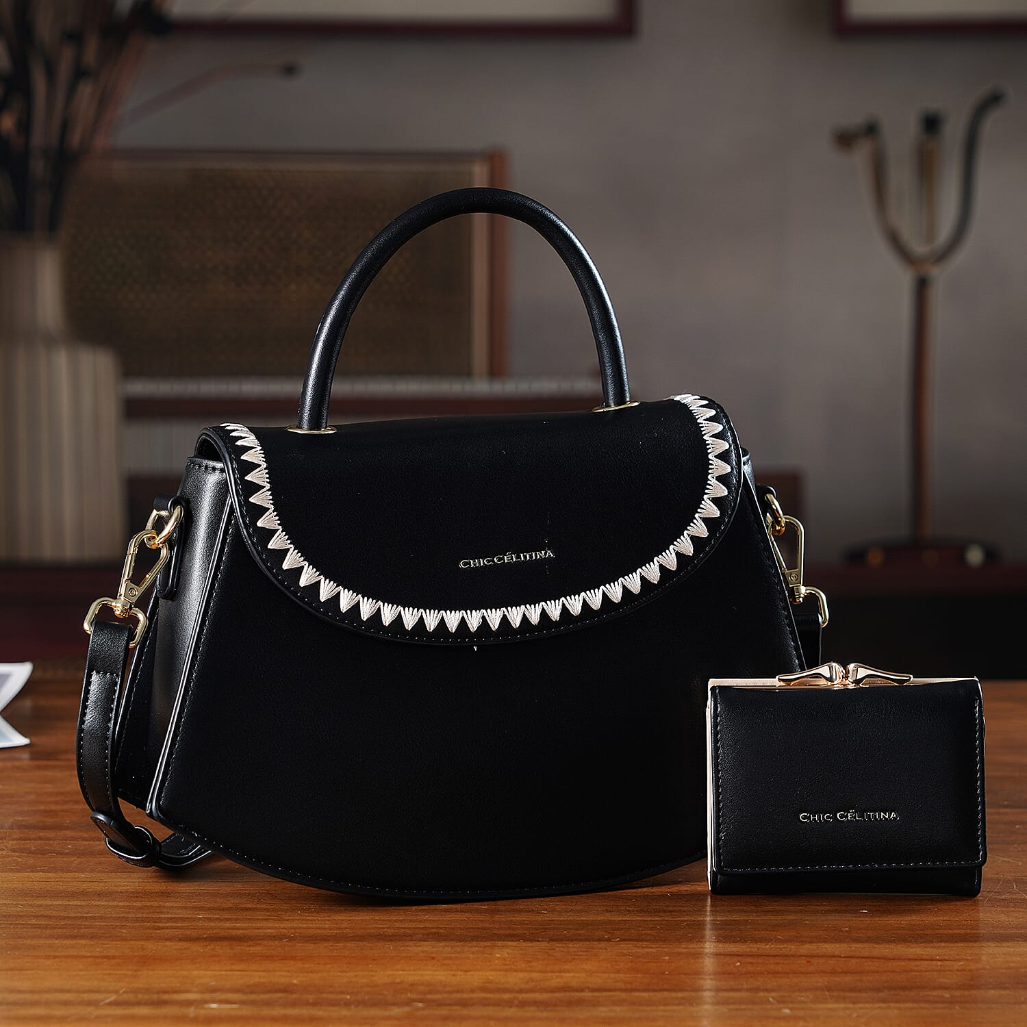 Set of 2 Pearl-Trim Crossbody Satchel Bag with Matching Card Slot Wallet - Black