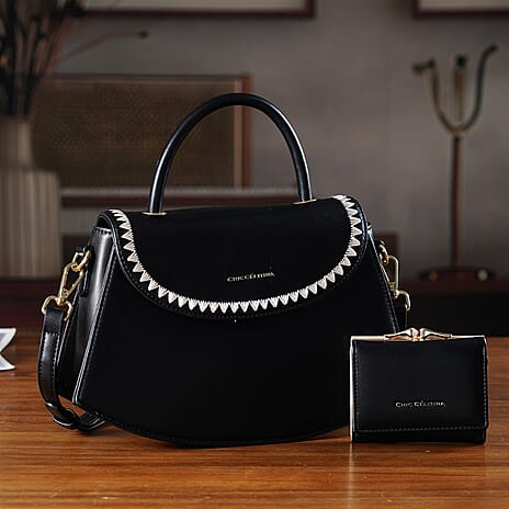 Set of 2 Pearl-Trim Crossbody Satchel Bag with Matching Card Slot Wallet - Black