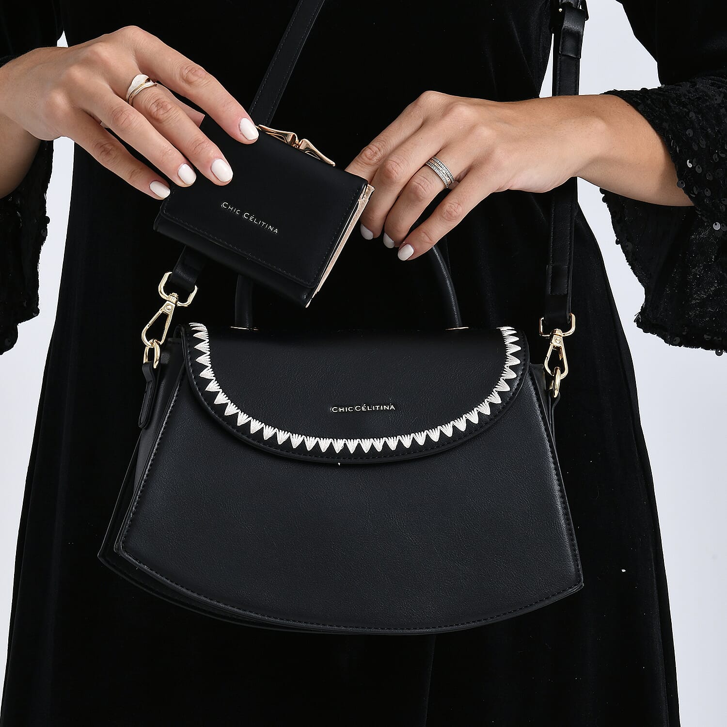 Set of 2 Pearl-Trim Crossbody Satchel Bag with Matching Card Slot Wallet - Black