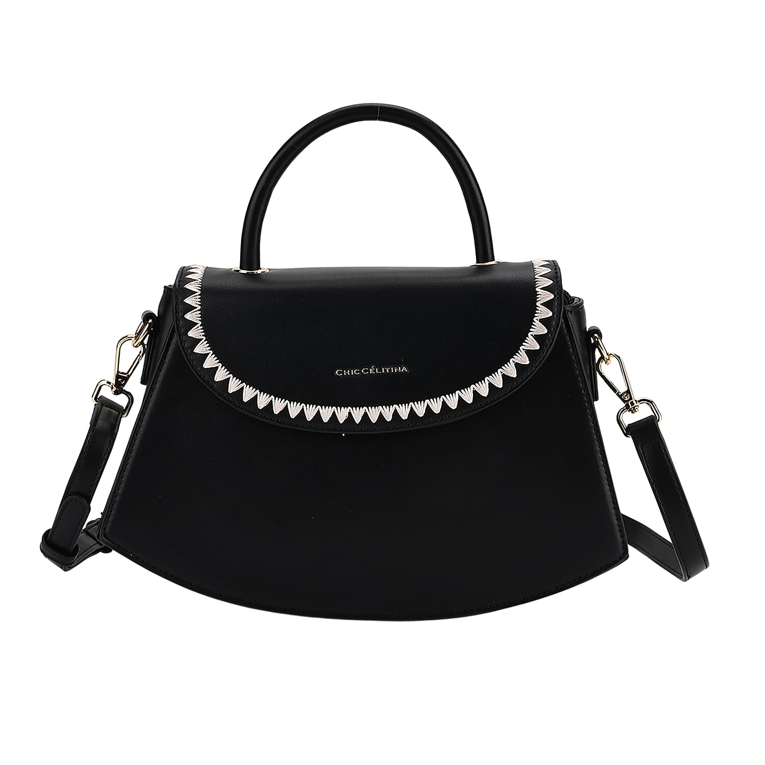 Set of 2 Pearl-Trim Crossbody Satchel Bag with Matching Card Slot Wallet - Black