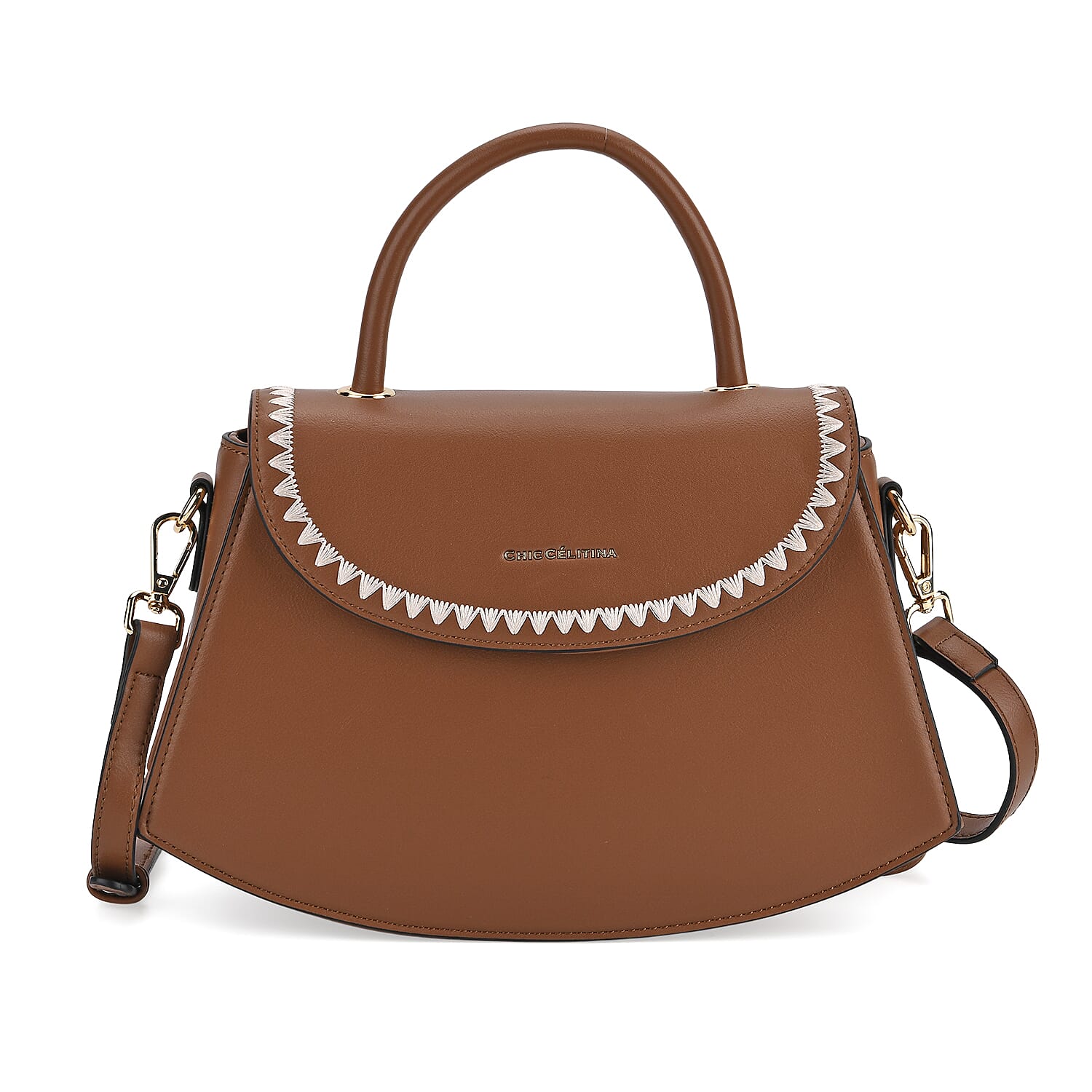 Set of 2 Pearl-Trim Crossbody Satchel Bag with Matching Card Slot Wallet - Brown