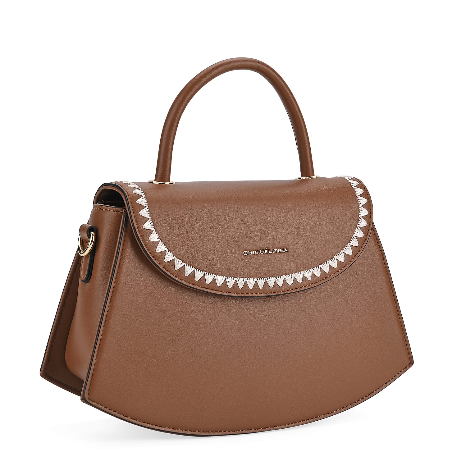 Set of 2 Pearl-Trim Crossbody Satchel Bag with Matching Card Slot Wallet - Brown