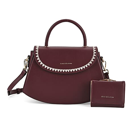 Set of 2 Pearl-Trim Crossbody Satchel Bag with Matching Card Slot Wallet - Dark Wine
