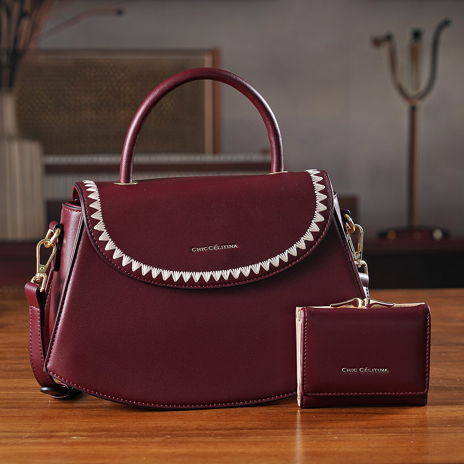 Set of 2 Pearl-Trim Crossbody Satchel Bag with Matching Card Slot Wallet - Dark Wine