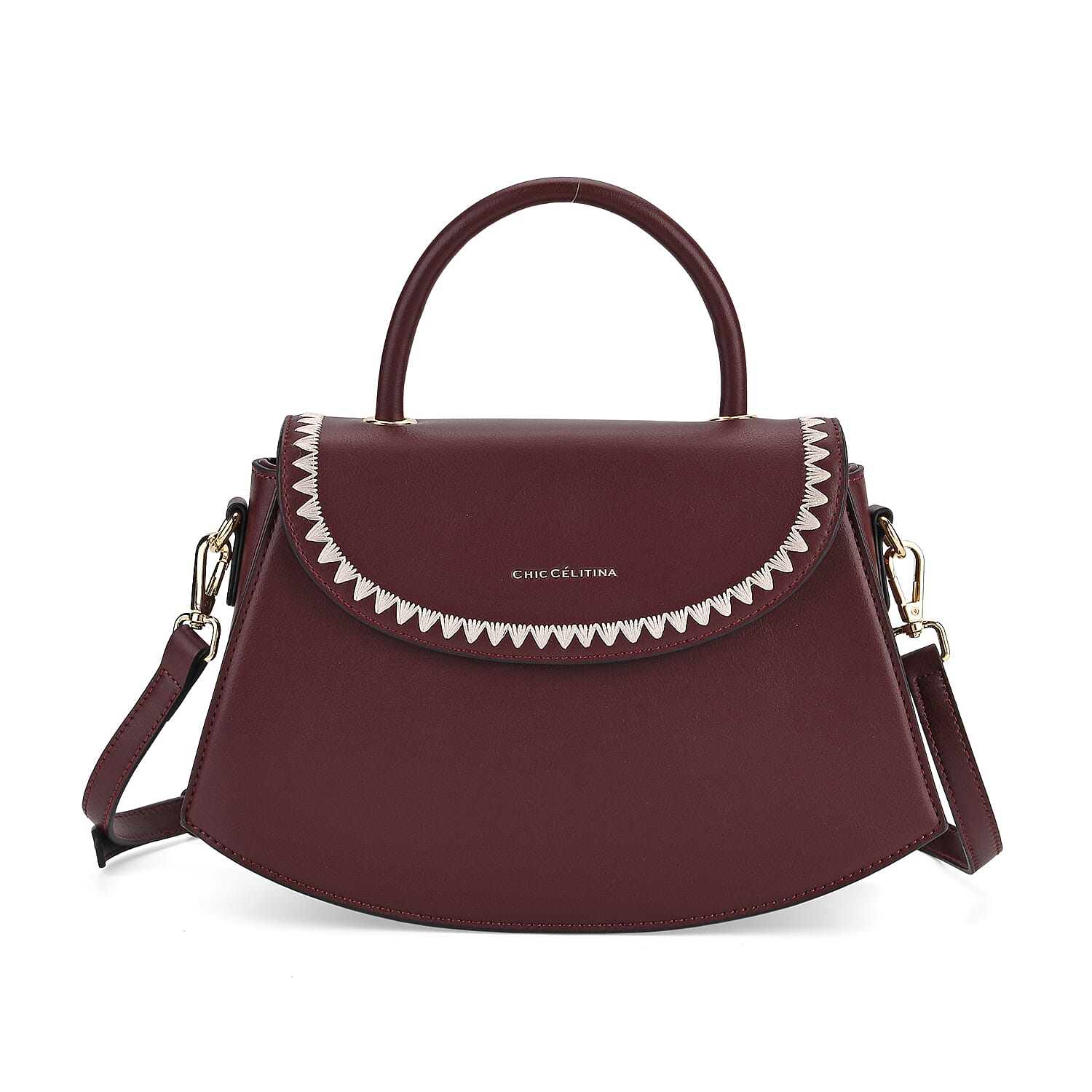 Set of 2 Pearl-Trim Crossbody Satchel Bag with Matching Card Slot Wallet - Dark Wine