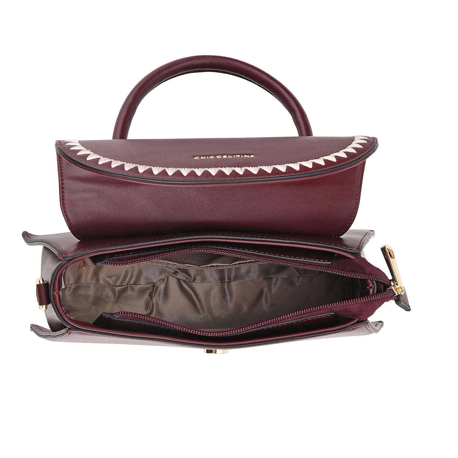 Set of 2 Pearl-Trim Crossbody Satchel Bag with Matching Card Slot Wallet - Dark Wine