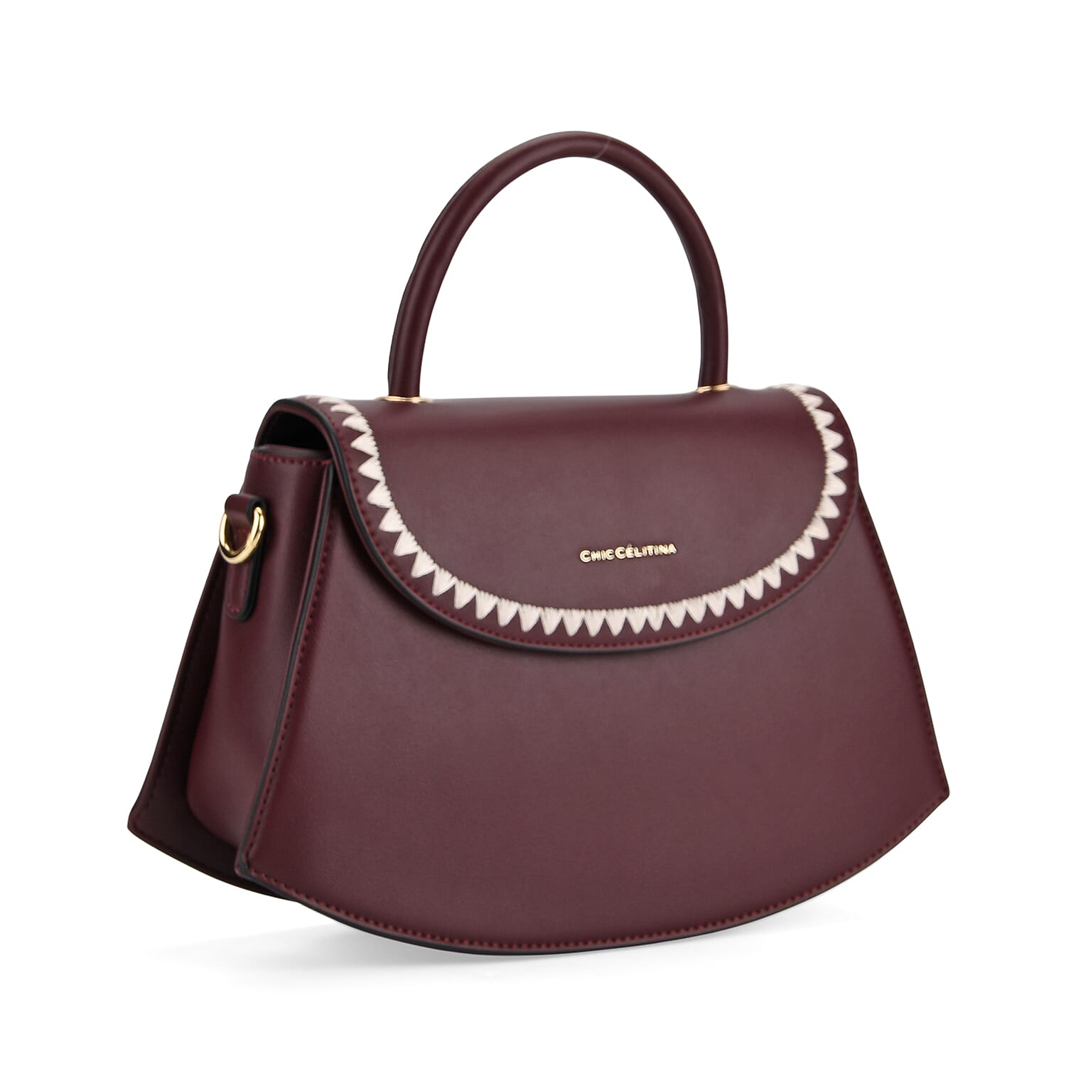 Set of 2 Pearl-Trim Crossbody Satchel Bag with Matching Card Slot Wallet - Dark Wine