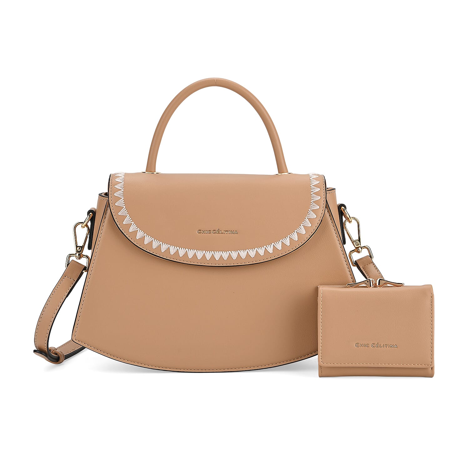 Set of 2 Pearl-Trim Crossbody Satchel Bag with Matching Card Slot Wallet - Beige