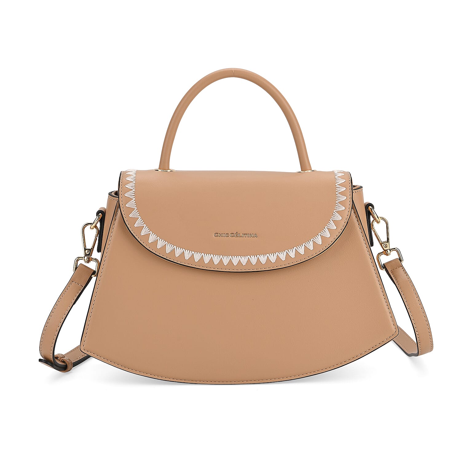 Set of 2 Pearl-Trim Crossbody Satchel Bag with Matching Card Slot Wallet - Beige