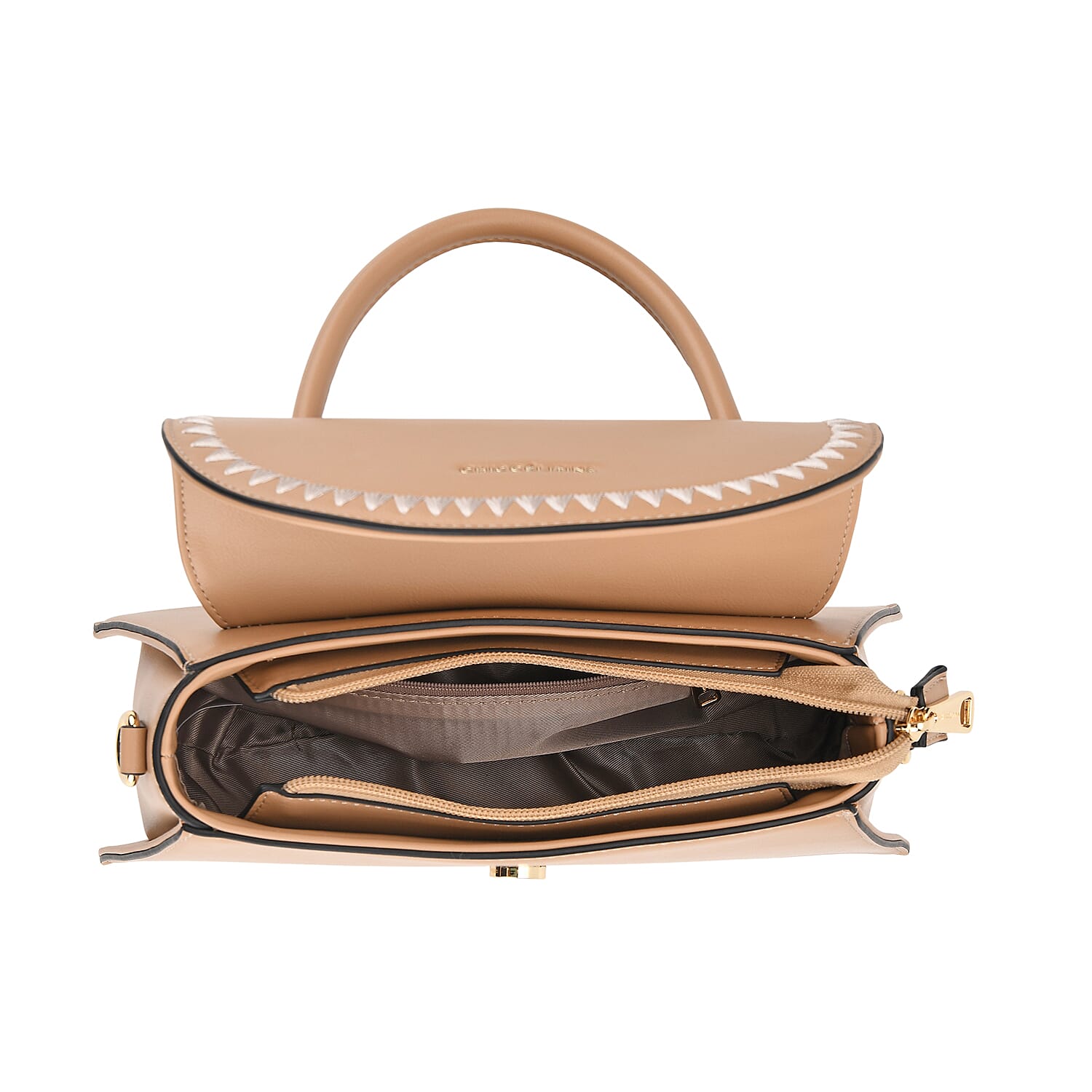 Set of 2 Pearl-Trim Crossbody Satchel Bag with Matching Card Slot Wallet - Beige