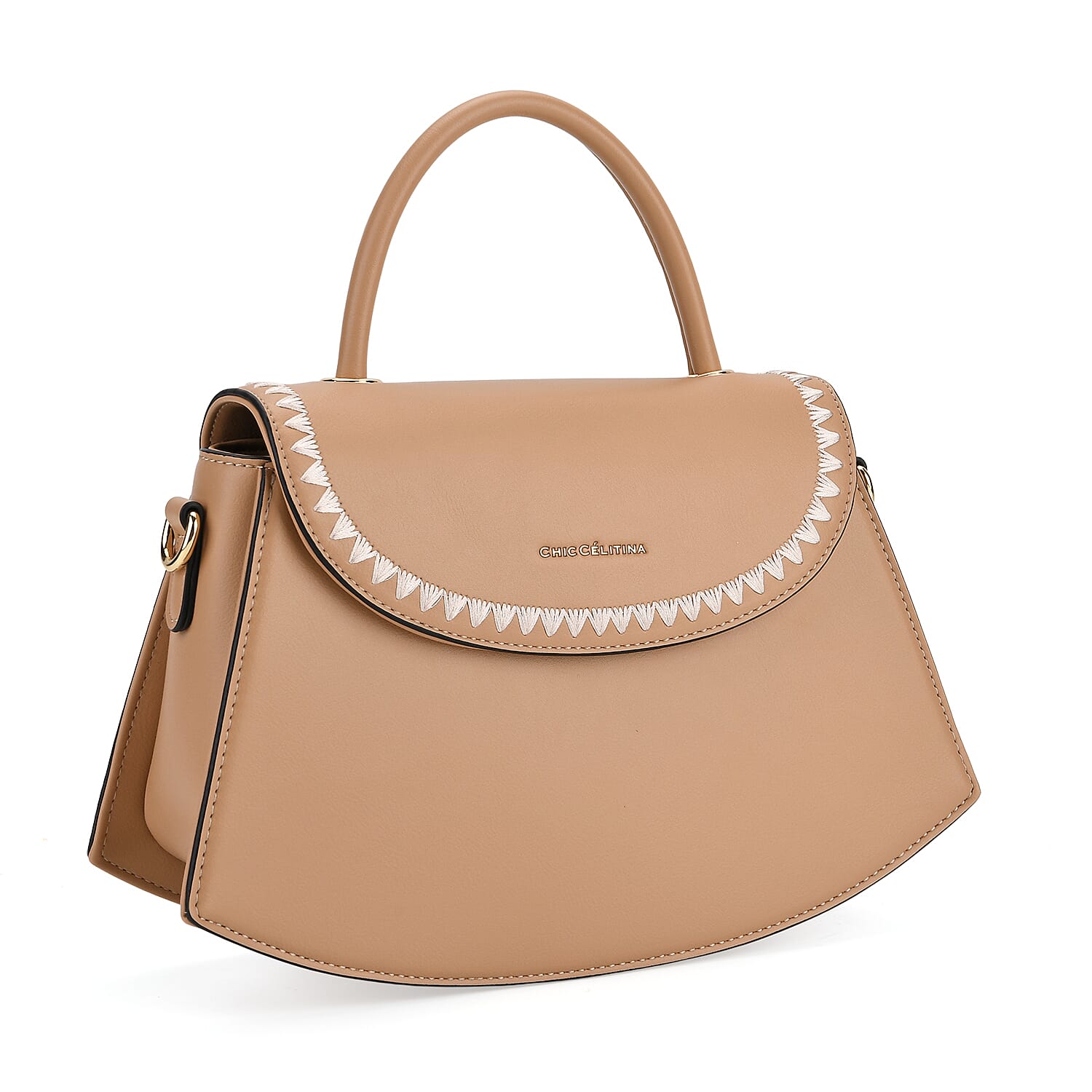 Set of 2 Pearl-Trim Crossbody Satchel Bag with Matching Card Slot Wallet - Beige