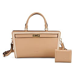 Set of 2 Pearl-Trim Crossbody Satchel Bag (34 cm) with Matching Card Slot Wallet - Black