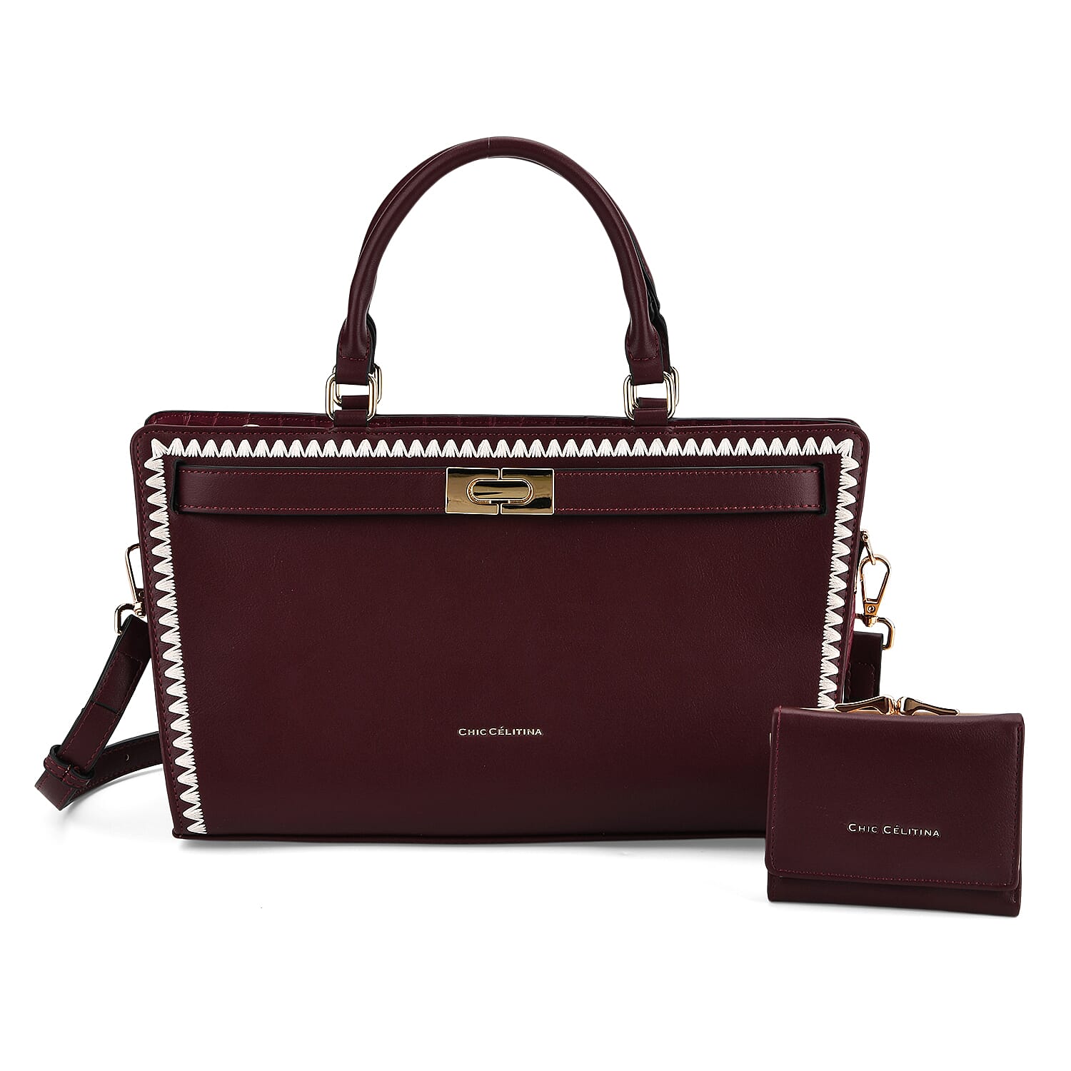 Set of 2 Pearl-Trim Crossbody Satchel Bag (34 cm) with Matching Card Slot Wallet - Burgundy