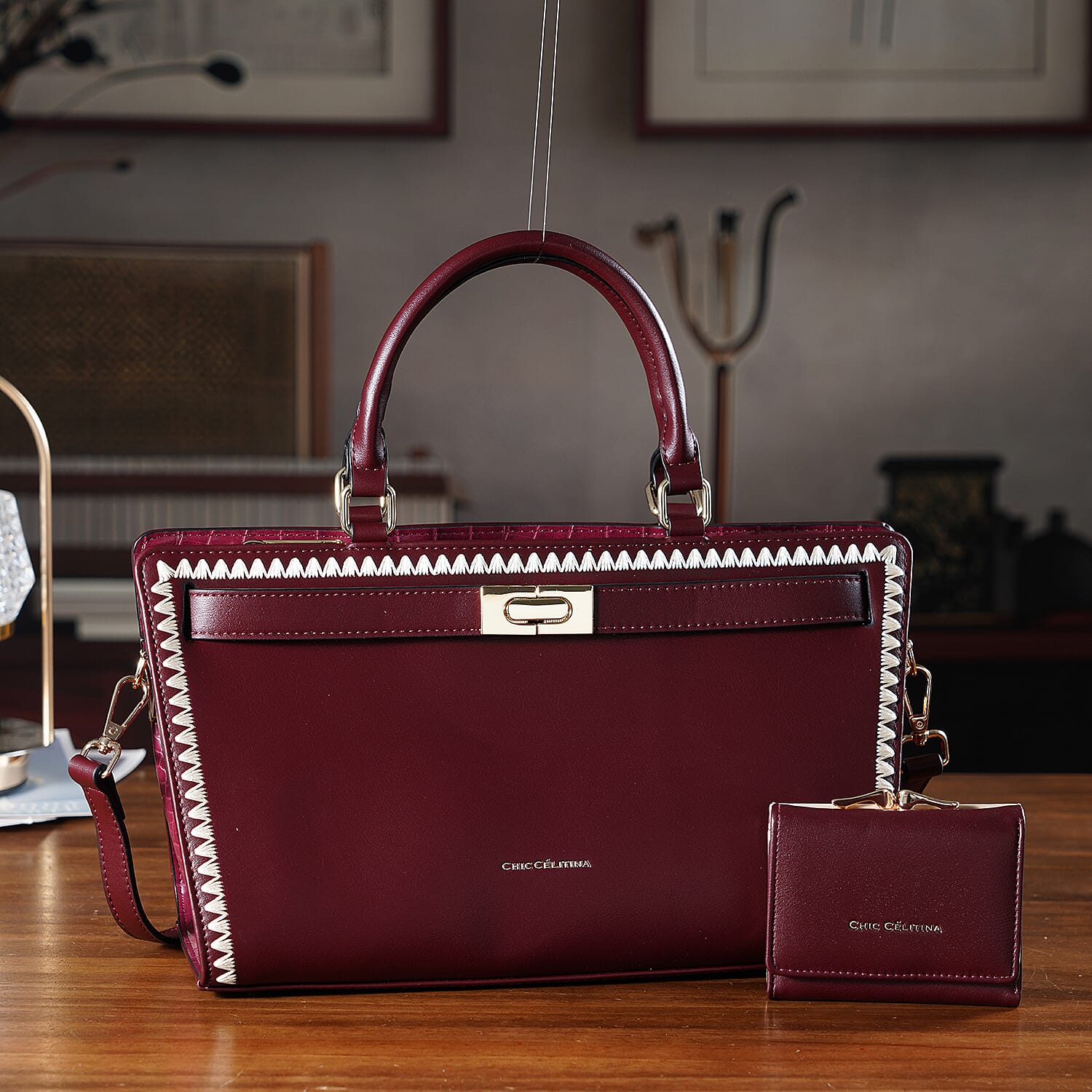 Set of 2 Pearl-Trim Crossbody Satchel Bag (34 cm) with Matching Card Slot Wallet - Burgundy