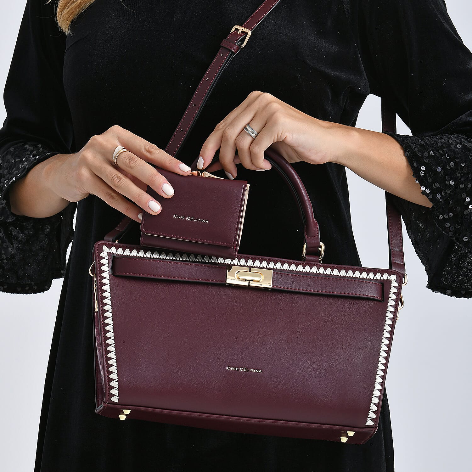 Set of 2 Pearl-Trim Crossbody Satchel Bag (34 cm) with Matching Card Slot Wallet - Burgundy