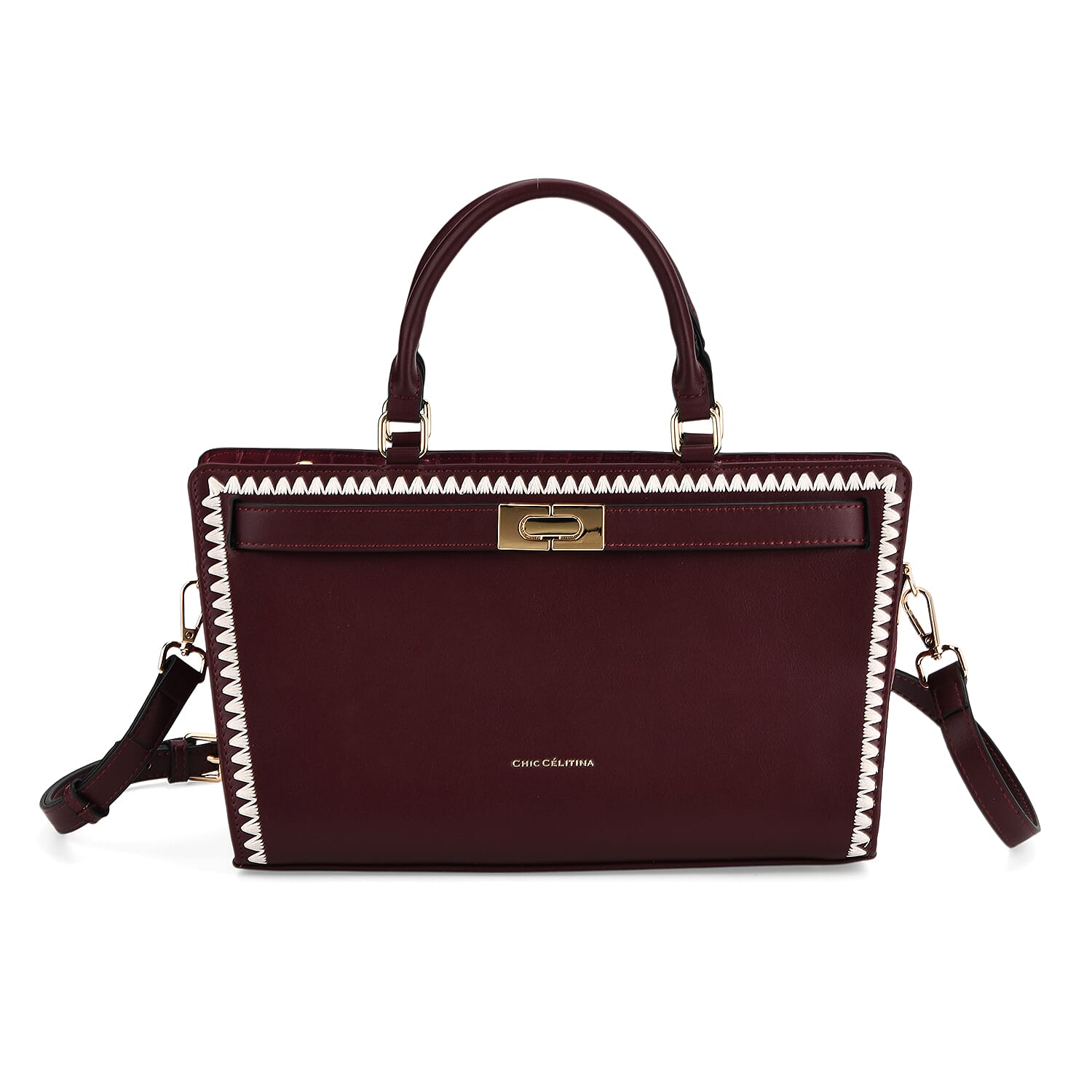 Set of 2 Pearl-Trim Crossbody Satchel Bag (34 cm) with Matching Card Slot Wallet - Burgundy