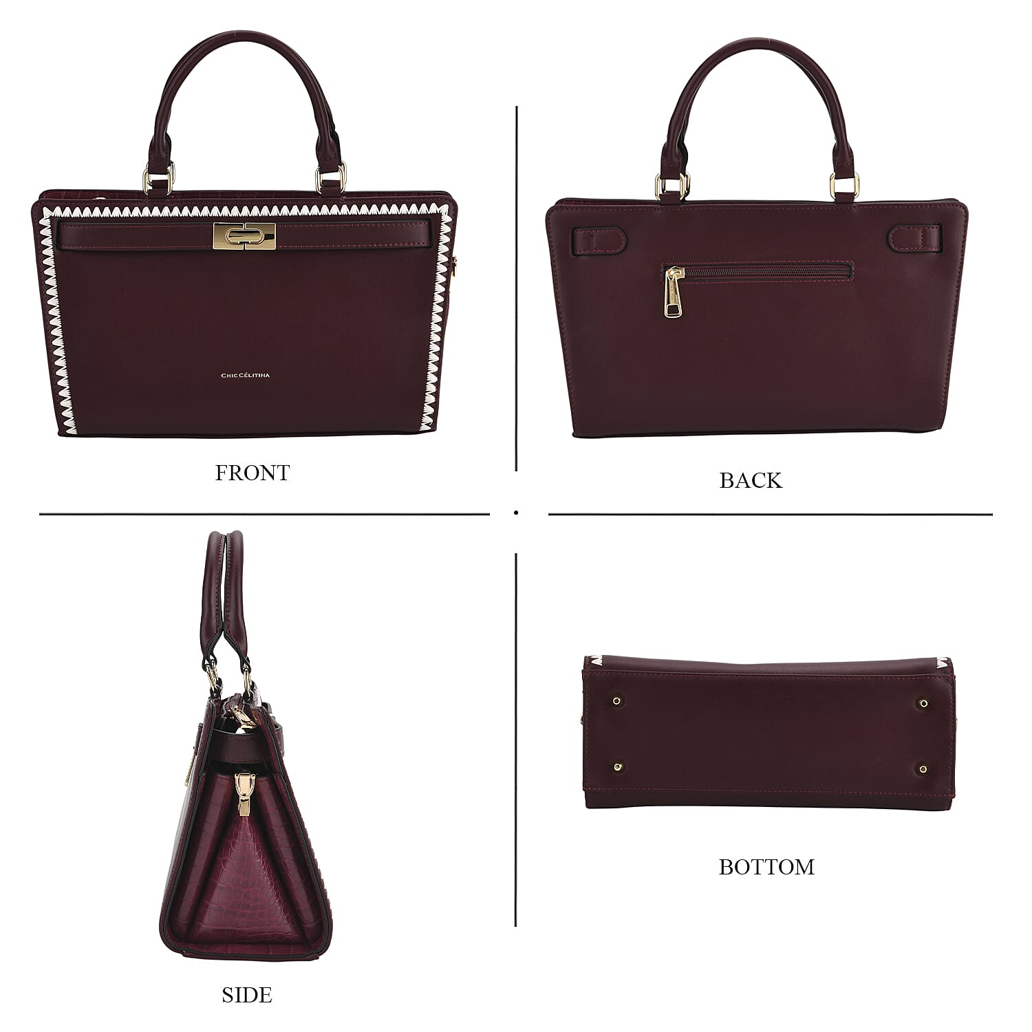 Set of 2 Pearl-Trim Crossbody Satchel Bag (34 cm) with Matching Card Slot Wallet - Burgundy