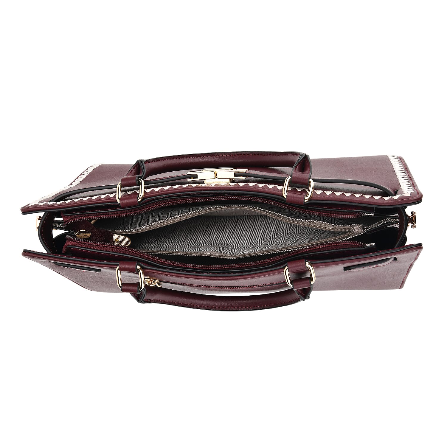 Set of 2 Pearl-Trim Crossbody Satchel Bag (34 cm) with Matching Card Slot Wallet - Burgundy