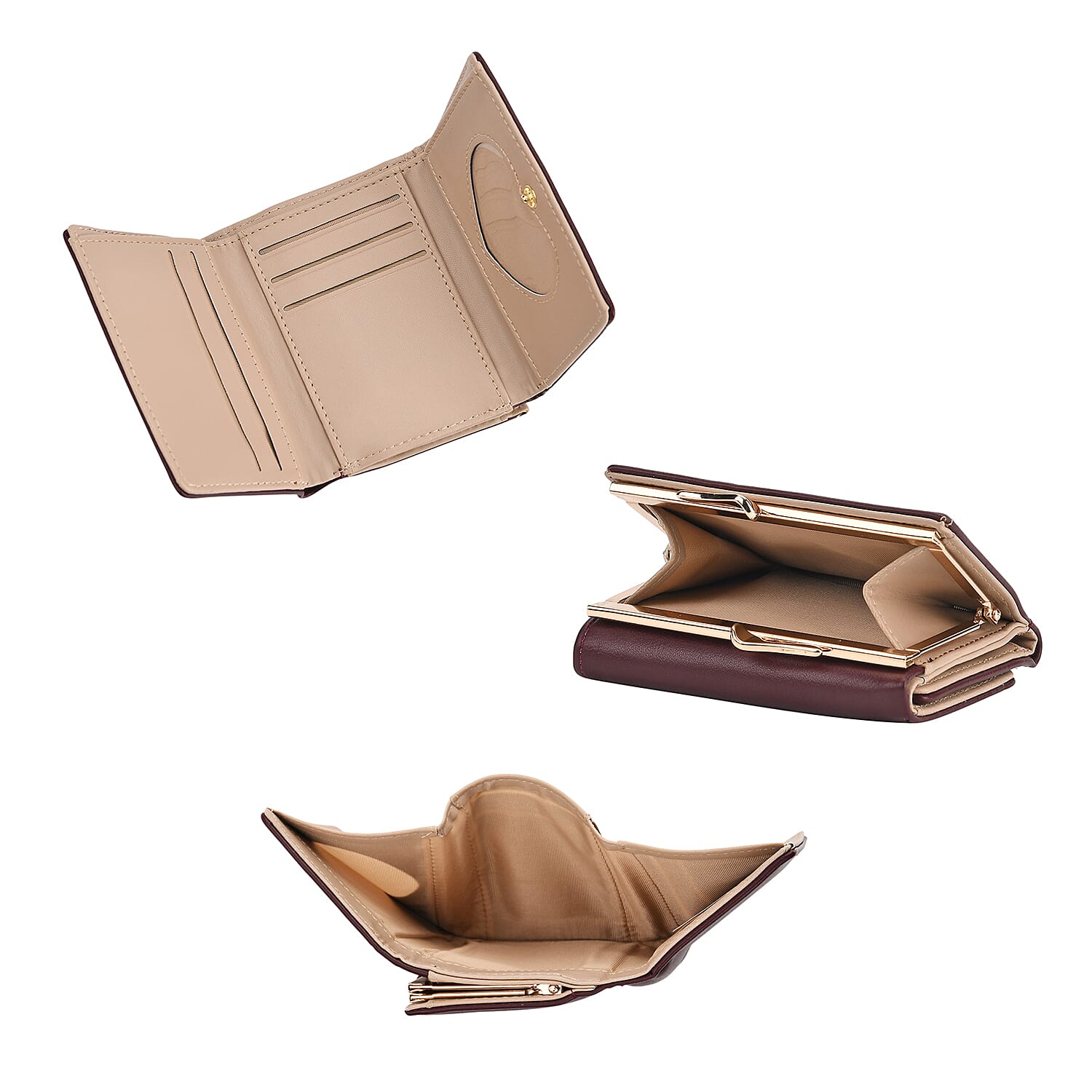 Set of 2 Pearl-Trim Crossbody Satchel Bag (34 cm) with Matching Card Slot Wallet - Burgundy