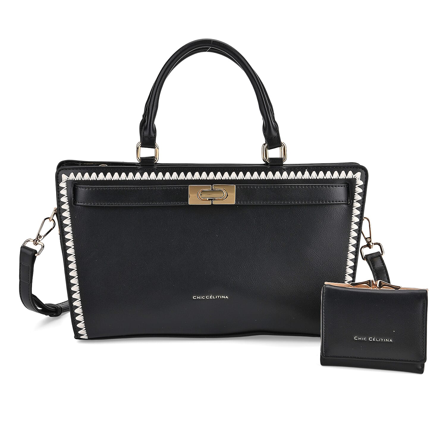 Set of 2 Pearl-Trim Crossbody Satchel Bag (34 cm) with Matching Card Slot Wallet - Black