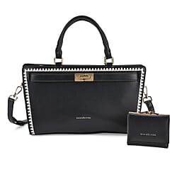 Set of 2 Pearl-Trim Crossbody Satchel Bag (34 cm) with Matching Card Slot Wallet - Black