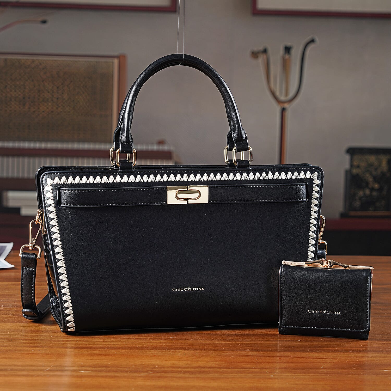 Set of 2 Pearl-Trim Crossbody Satchel Bag (34 cm) with Matching Card Slot Wallet - Black