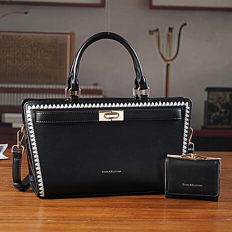 Set of 2 Pearl-Trim Crossbody Satchel Bag (34 cm) with Matching Card Slot Wallet - Black