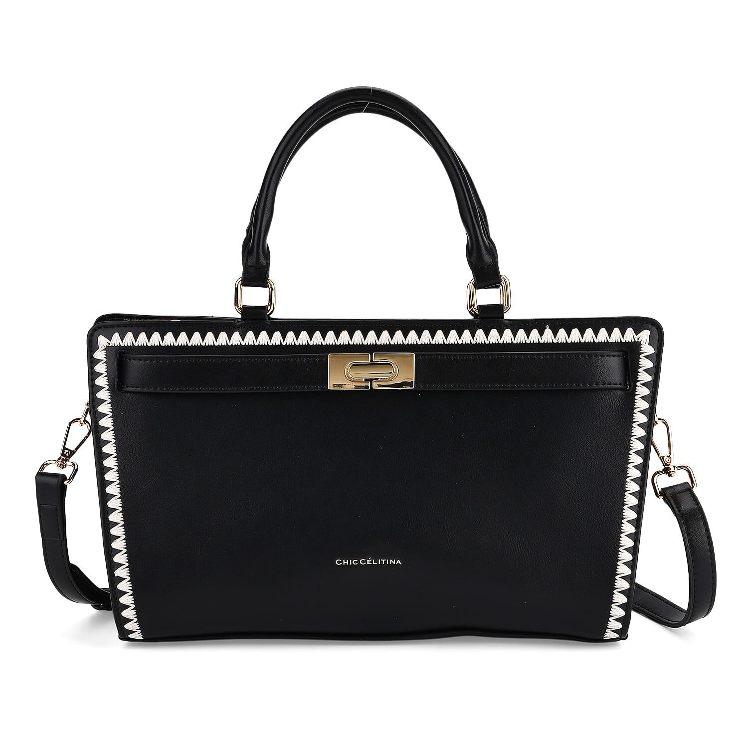 Set of 2 Pearl-Trim Crossbody Satchel Bag (34 cm) with Matching Card Slot Wallet - Black