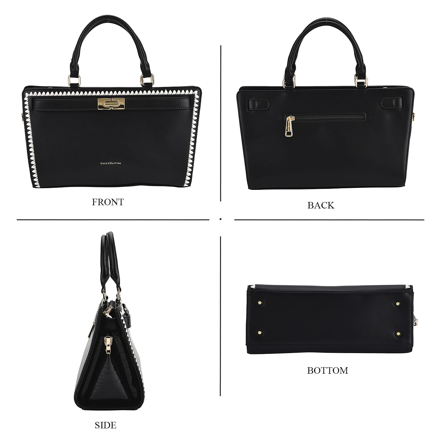 Set of 2 Pearl-Trim Crossbody Satchel Bag (34 cm) with Matching Card Slot Wallet - Black