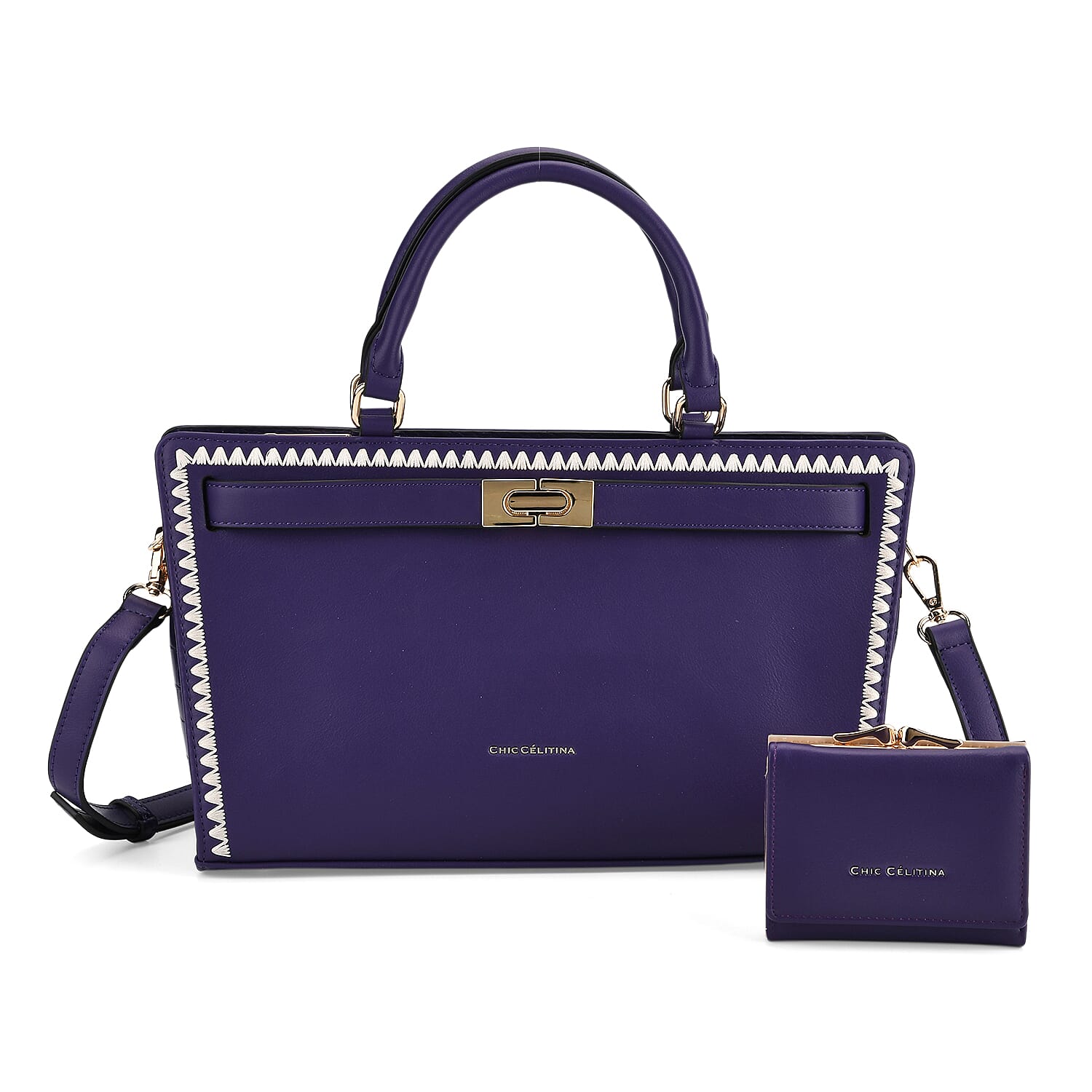 Set of 2 Pearl-Trim Crossbody Satchel Bag (34 cm) with Matching Card Slot Wallet - Purple
