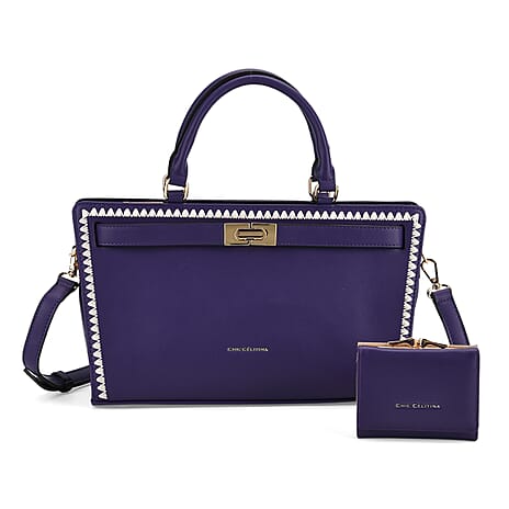 Set of 2 Pearl-Trim Crossbody Satchel Bag (34 cm) with Matching Card Slot Wallet - Purple