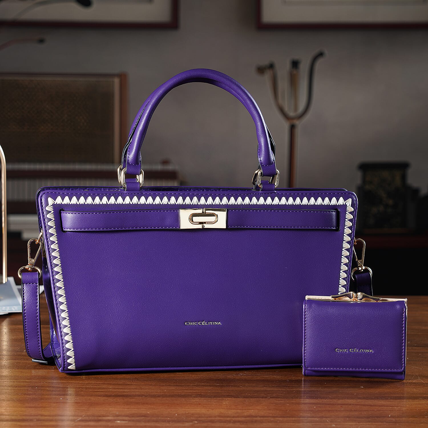 Set of 2 Pearl-Trim Crossbody Satchel Bag (34 cm) with Matching Card Slot Wallet - Purple