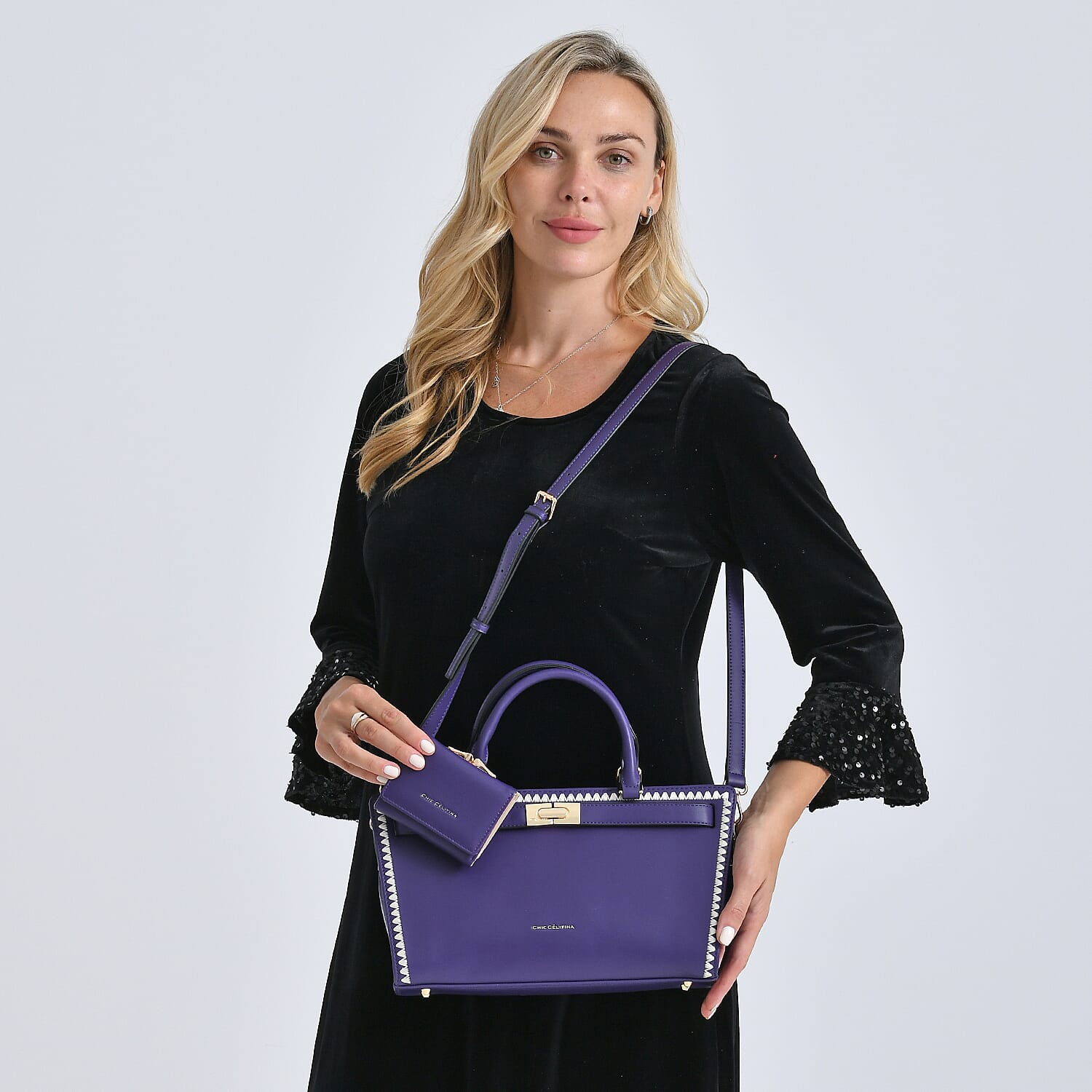 Set of 2 Pearl-Trim Crossbody Satchel Bag (34 cm) with Matching Card Slot Wallet - Purple