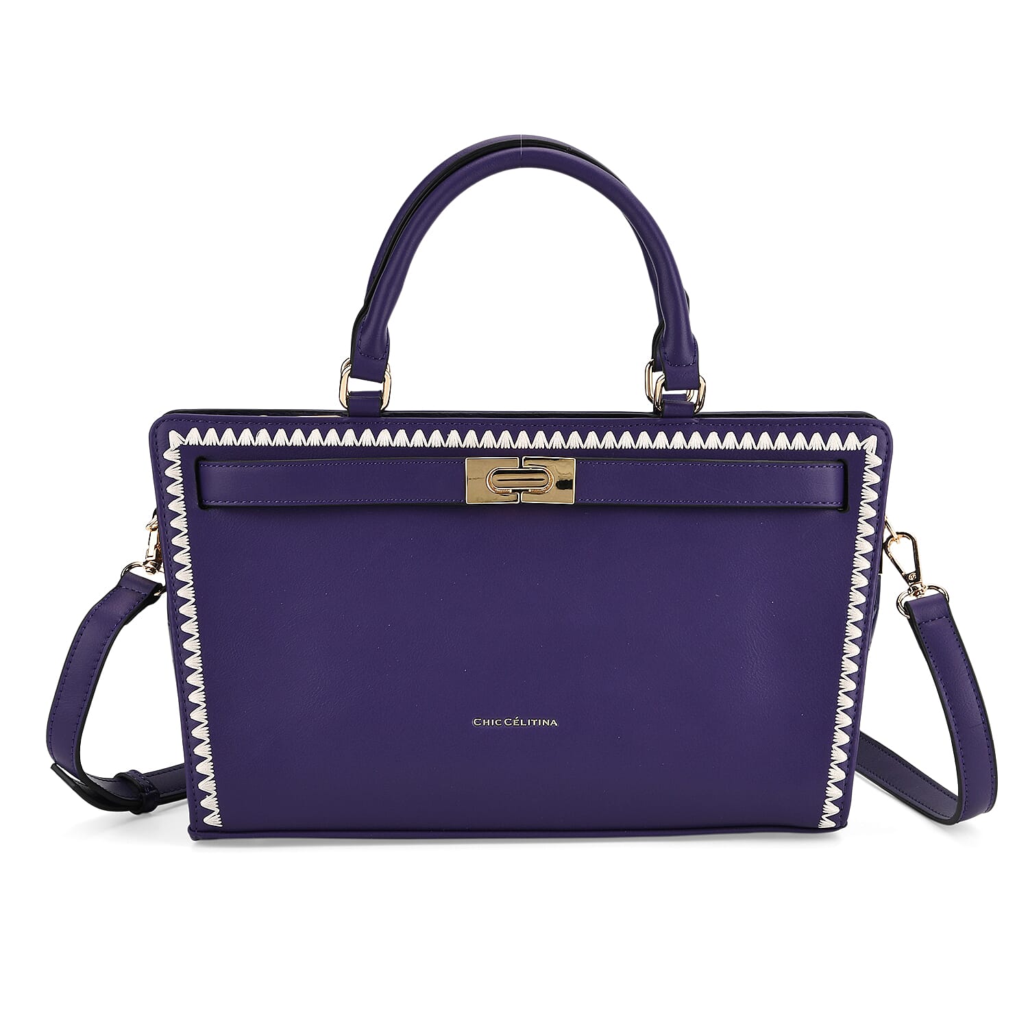Set of 2 Pearl-Trim Crossbody Satchel Bag (34 cm) with Matching Card Slot Wallet - Purple