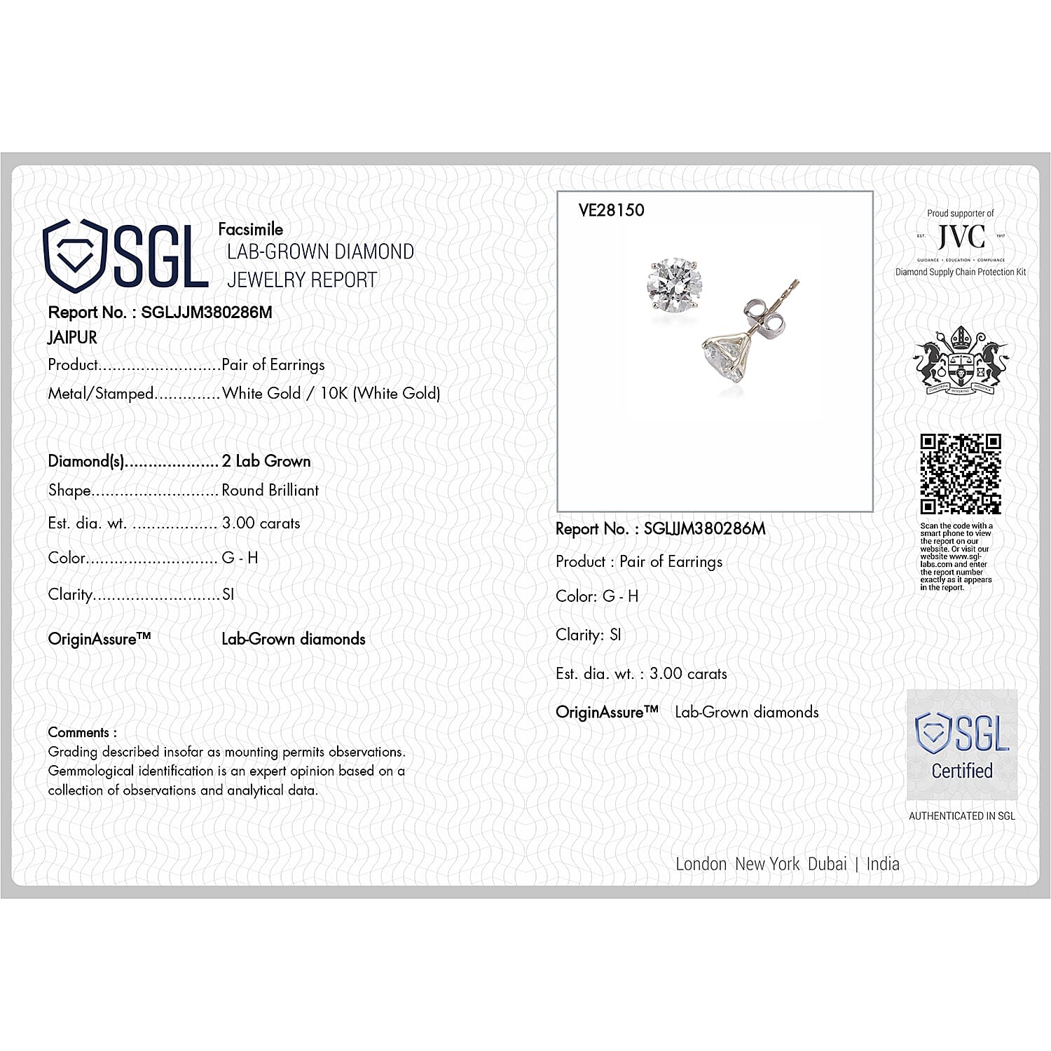 Luxuriant - 10K White Gold SGL Certified Lab Grown Diamond (SI-GH) Solitaire Stud Earring with Push Back 3.05 Ct.