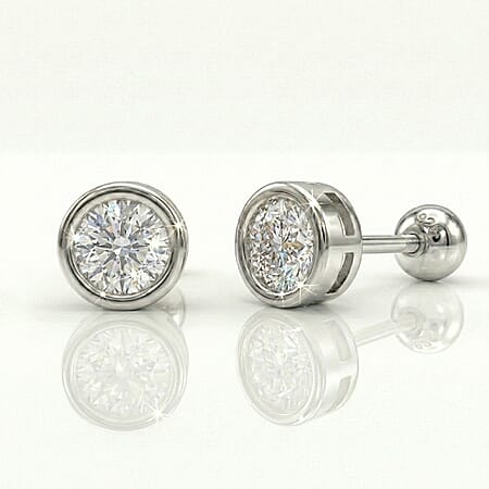 LUXURIANT Lab Grown Diamond Solitaire Stud Earring with Ball Screw Push Back in Rhodium Overlay Sterling Silver