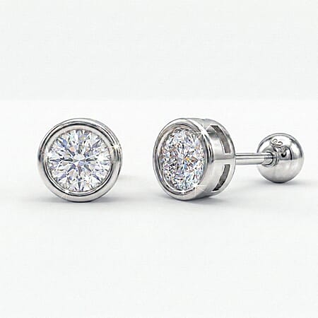 LUXURIANT 0.5 Ct. Lab Grown Diamond Solitaire Stud Earring with Ball Screw Push Back in Rhodium Overlay Sterling Silver