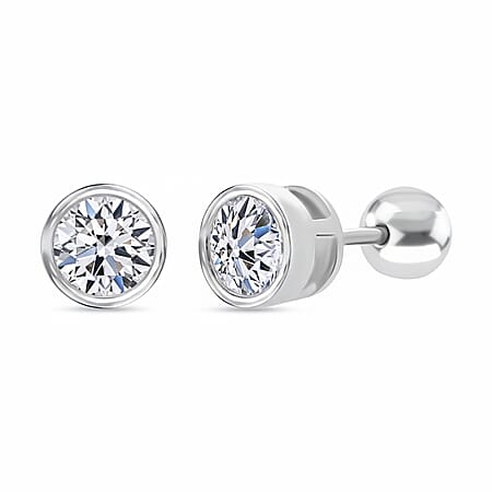 LUXURIANT 1 Ct. Lab Grown Diamond Solitaire Stud Earring with Ball Screw Push Back in Rhodium Overlay Sterling Silver