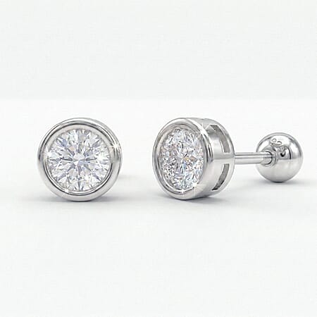 LUXURIANT 1 Ct. Lab Grown Diamond Solitaire Stud Earring with Ball Screw Push Back in Rhodium Overlay Sterling Silver