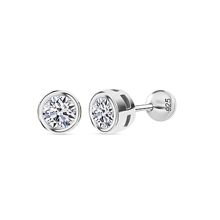 LUXURIANT 1 Ct. Lab Grown Diamond Solitaire Stud Earring with Ball Screw Push Back in Rhodium Overlay Sterling Silver