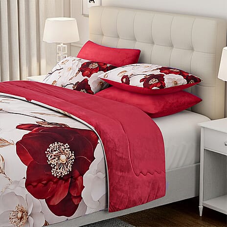 LIVMORE 3-Piece Digital Floral Print Winter Comforter Set (King, 240 x 220 cm) - Red & White