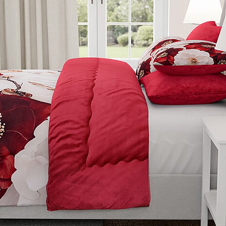 LIVMORE 3-Piece Digital Floral Print Winter Duvet Set (King, 240 x 220 cm) - Red & White