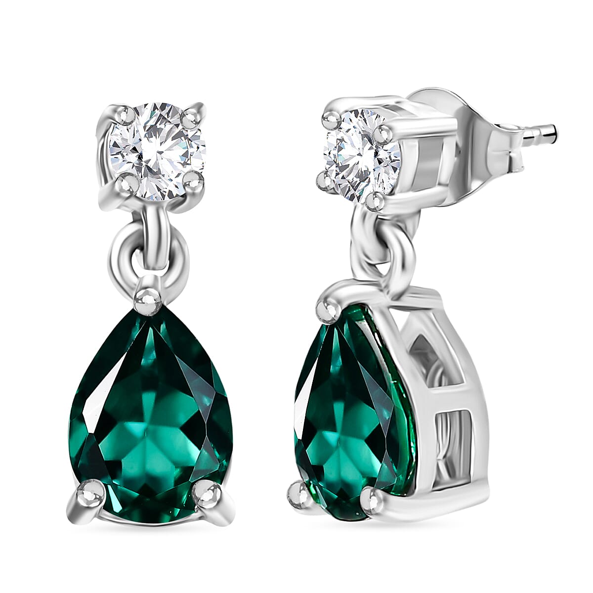 Lab Grown Emerald & Moissanite Stud Push Post Earring in Rhodium Overlay Sterling Silver 1.39 Ct.