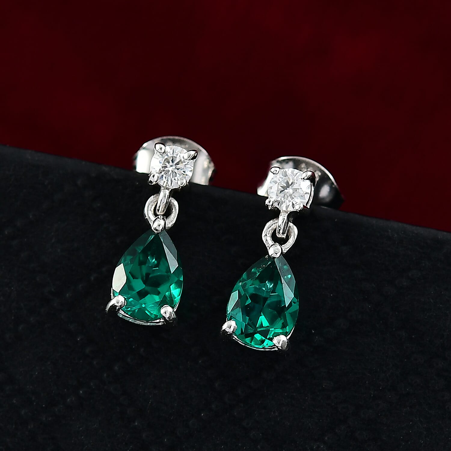 Lab Grown Emerald & Moissanite Stud Push Post Earring in Rhodium Overlay Sterling Silver 1.39 Ct.