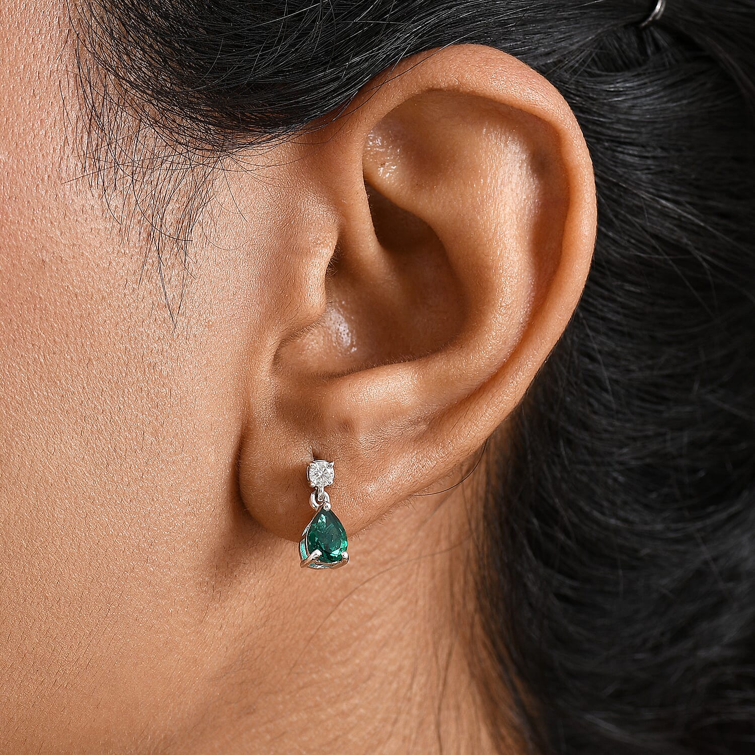 Lab Grown Emerald & Moissanite Stud Push Post Earring in Rhodium Overlay Sterling Silver 1.39 Ct.